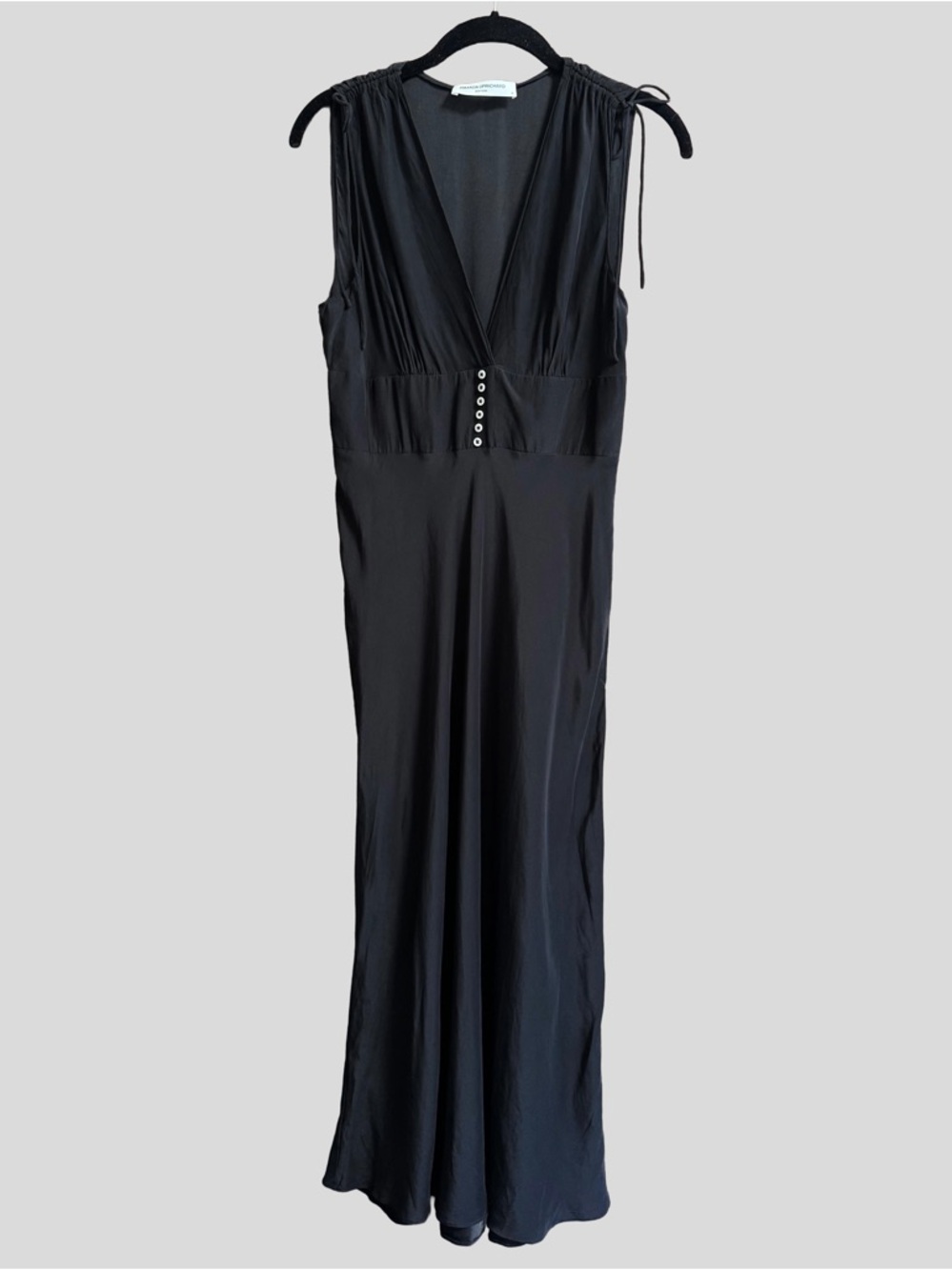 Amanda Uprichard Black Sleeveless V-Neck Silk Maxi Dress with Button Detail
